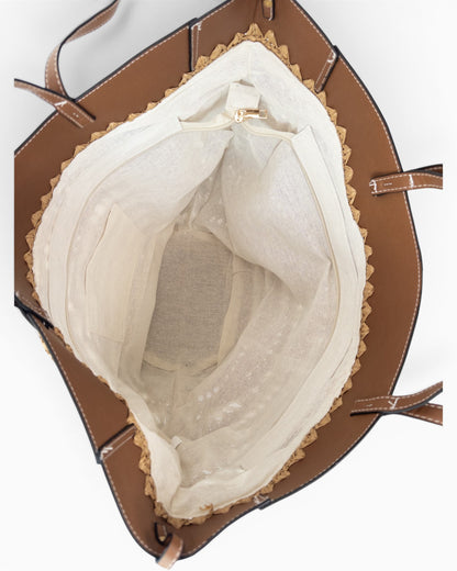 Shopper Tasche in Bast-Optik mit braunen Details natur