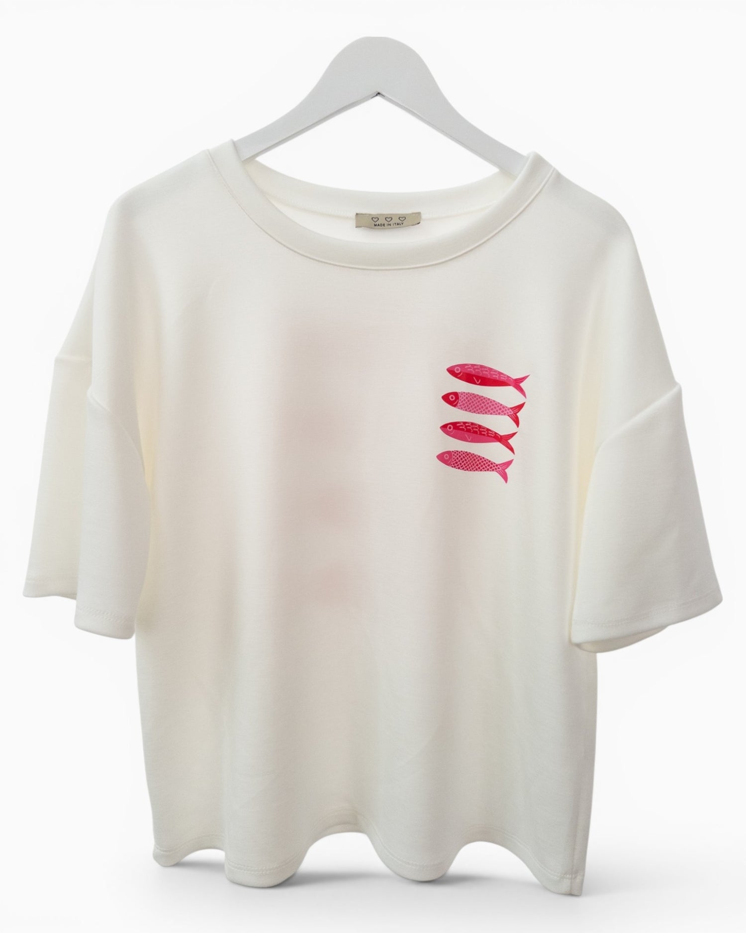 Shirt mit Fischmotiv und Rückendruck weiß pink