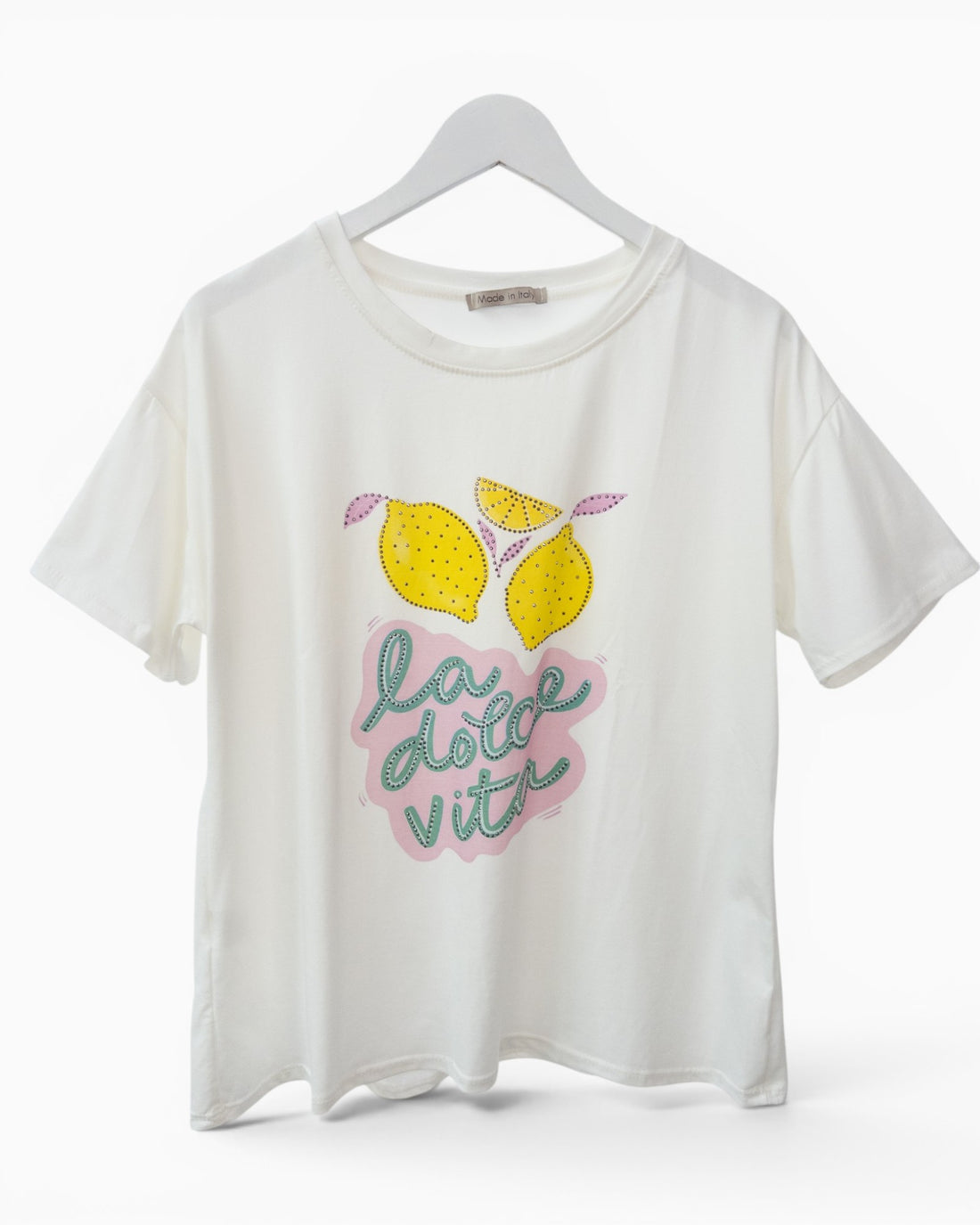 Shirt mit Zitronenmotiv und Strassdetails weiß