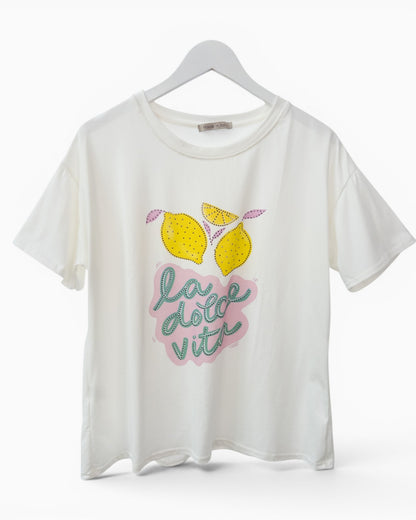 Shirt mit Zitronenmotiv und Strassdetails weiß