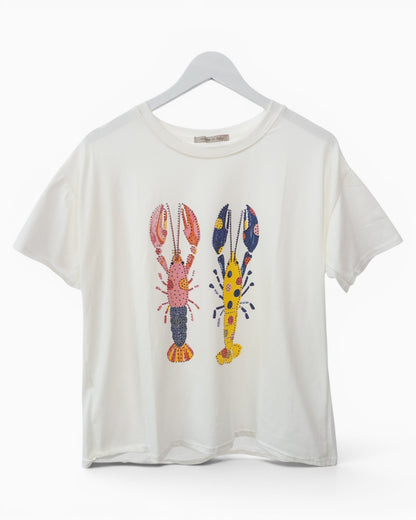 Shirt mit Hummermotiv und Strassdetails weiß