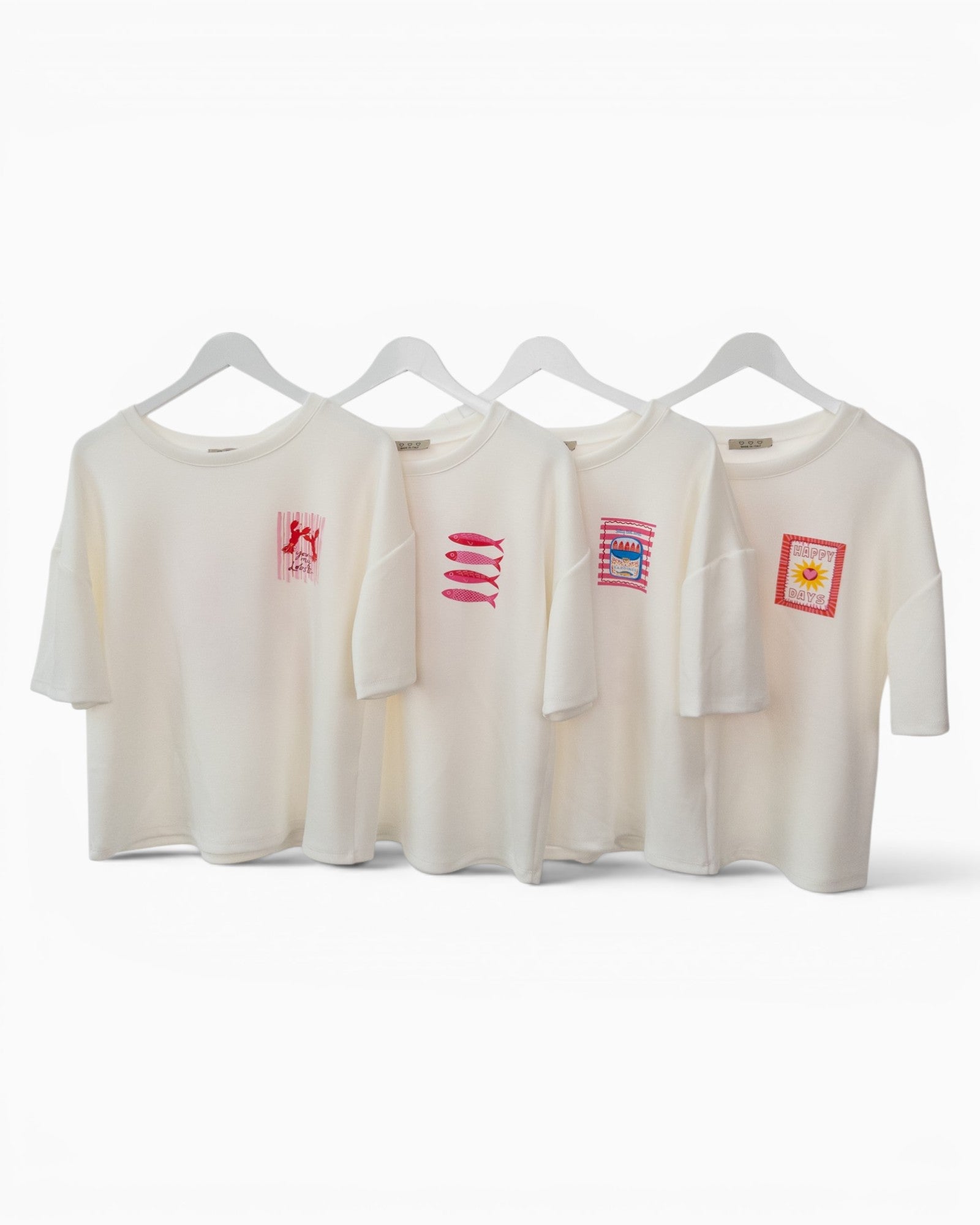 Shirt mit Sardinenmotiv und Rückendruck weiß