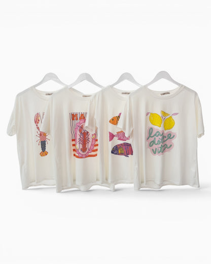 Shirt mit Zitronenmotiv und Strassdetails weiß