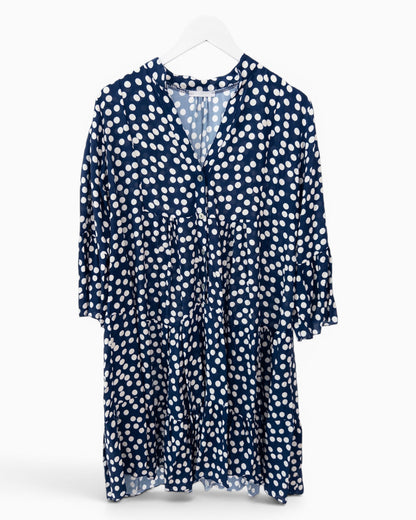 Kleid mit Punktemuster und Knopfleiste dunkelblau