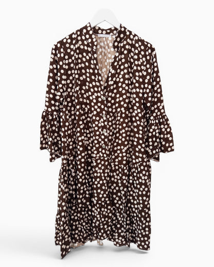 Kleid mit Punktemuster und Knopfleiste dunkelbraun