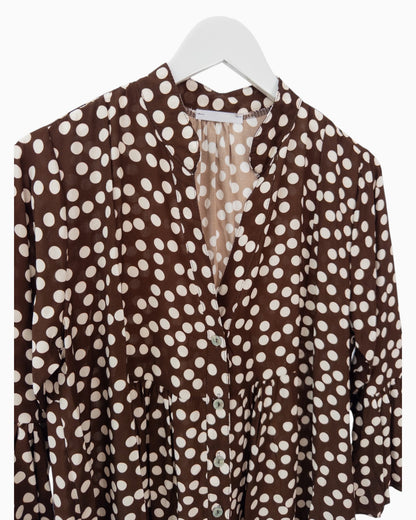 Kleid mit Punktemuster und Knopfleiste dunkelbraun