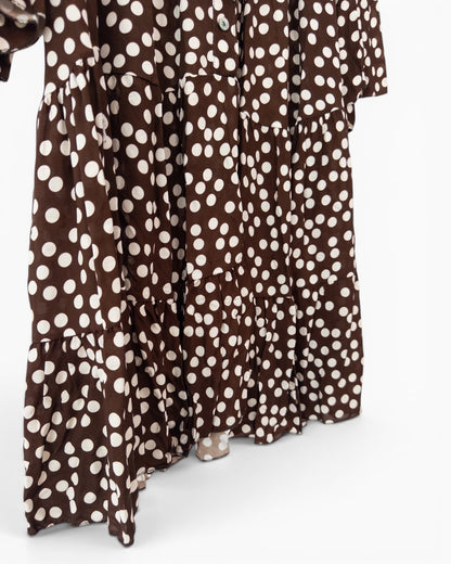 Kleid mit Punktemuster und Knopfleiste dunkelbraun