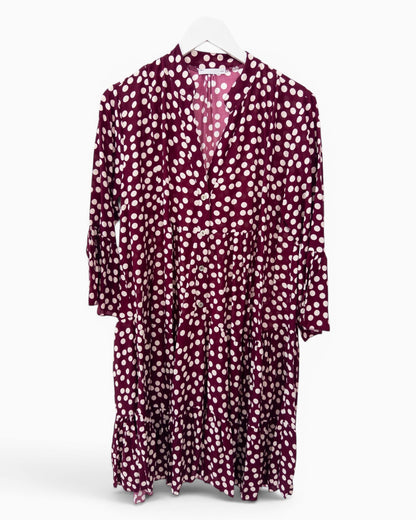 Kleid mit Punktemuster und Knopfleiste bordeaux
