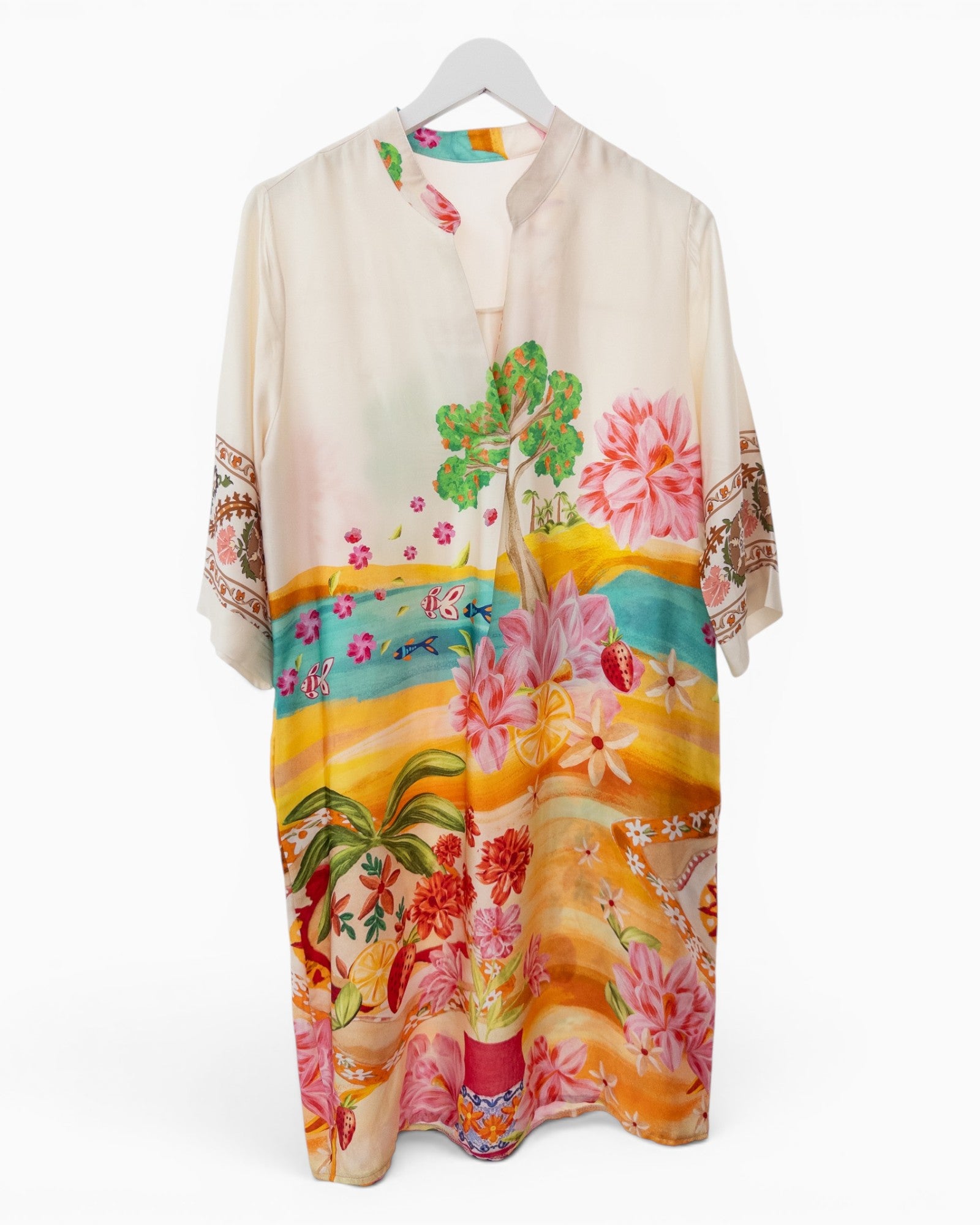 Kleid mit Blumenprint und V-Ausschnitt creme bunt