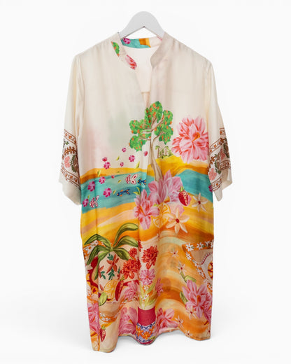 Kleid mit Blumenprint und V-Ausschnitt creme bunt