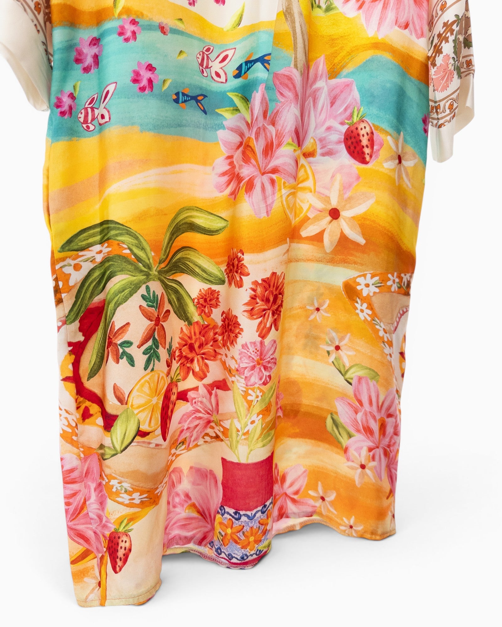 Kleid mit Blumenprint und V-Ausschnitt creme bunt