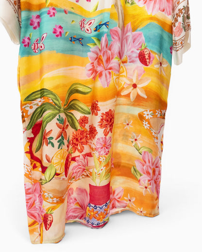 Kleid mit Blumenprint und V-Ausschnitt creme bunt