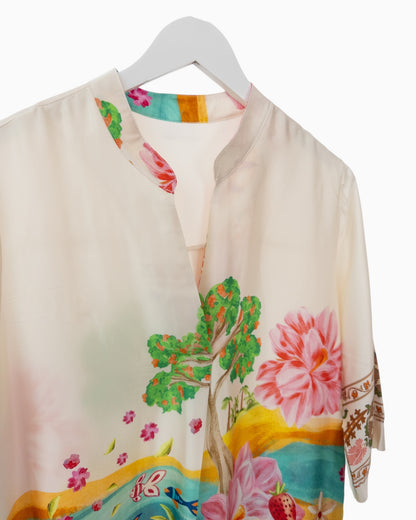 Kleid mit Blumenprint und V-Ausschnitt creme bunt