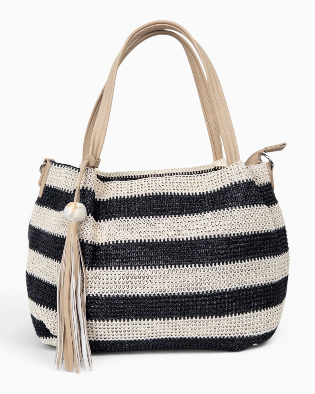 Handtasche mit Streifenmuster und Quaste schwarz creme