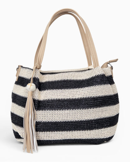 Handtasche mit Streifenmuster und Quaste schwarz creme