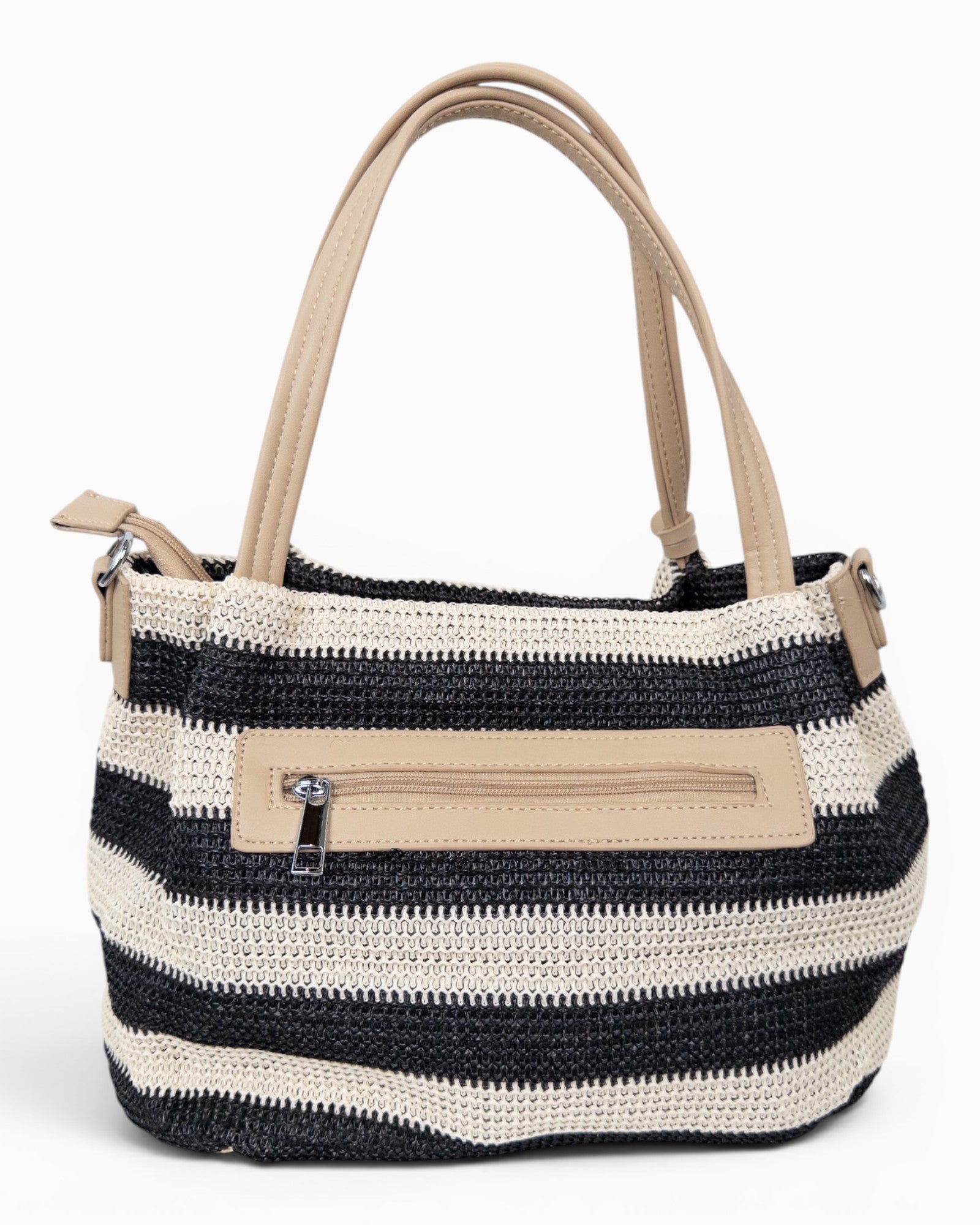 Handtasche mit Streifenmuster und Quaste schwarz creme
