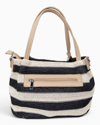 Handtasche mit Streifenmuster und Quaste schwarz creme