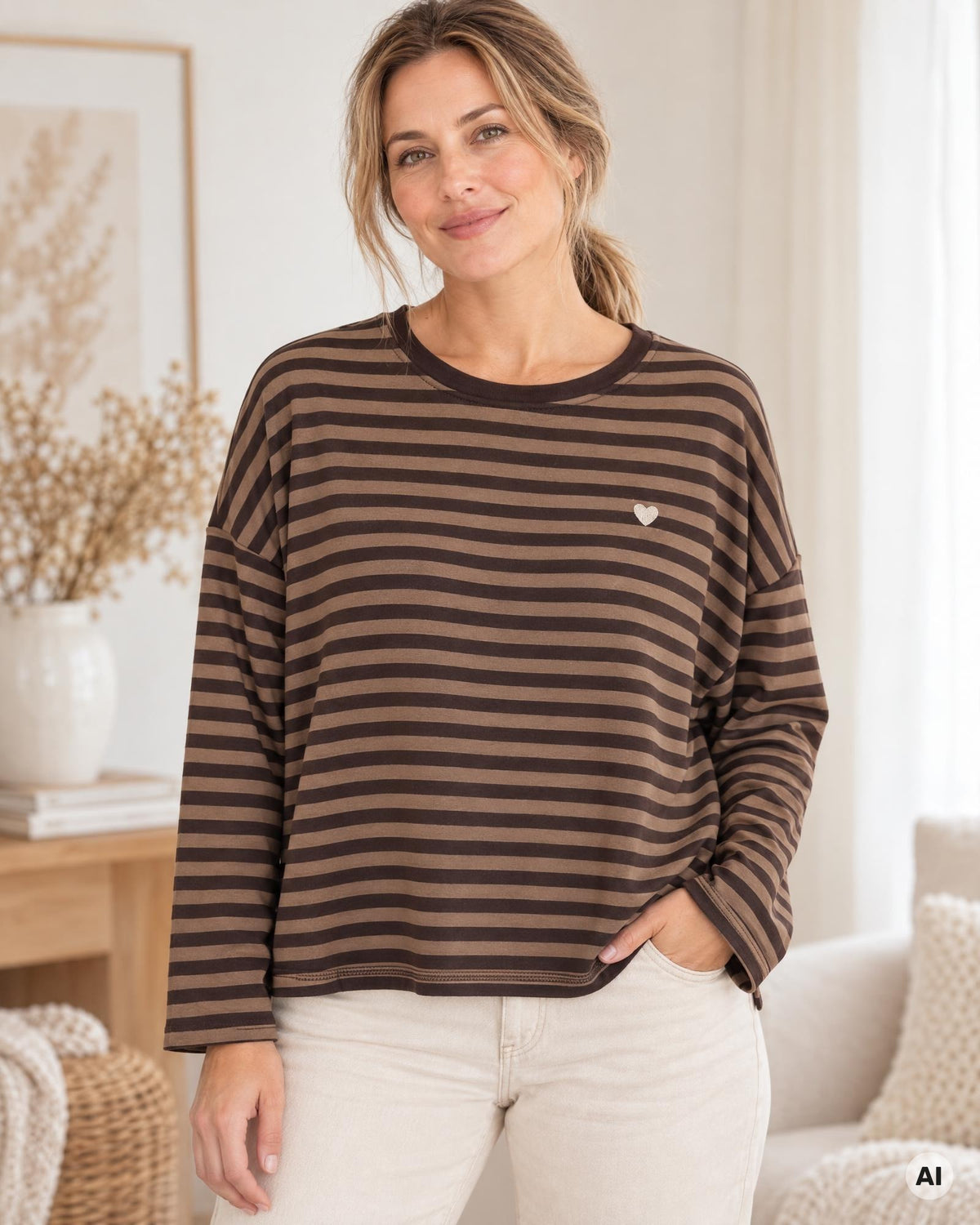 Streifenpullover mit Herz braun