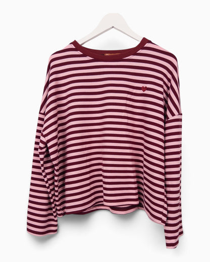 Streifenpullover mit Herz rosa weinrot