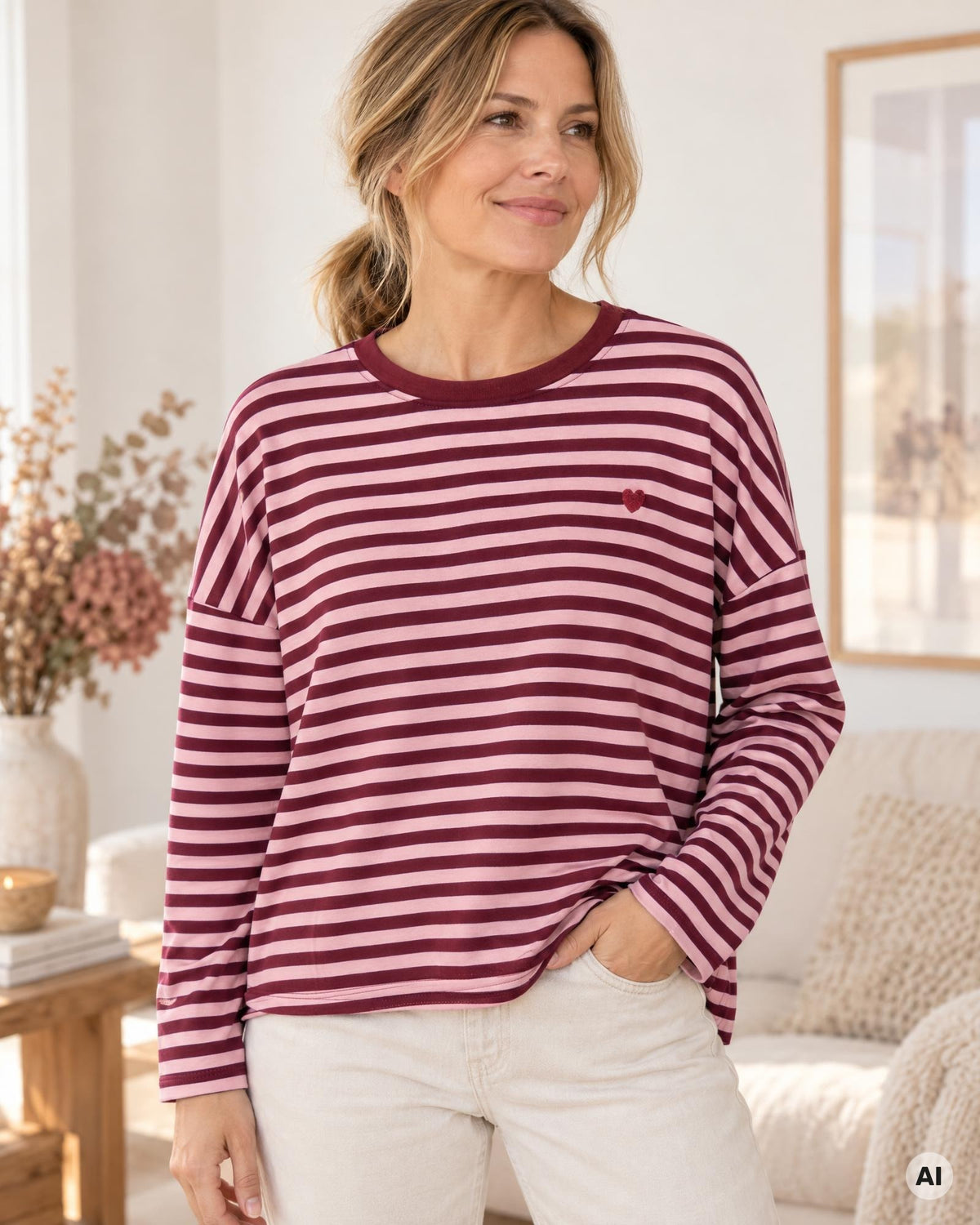 Streifenpullover mit Herz rosa weinrot