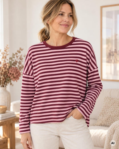 Streifenpullover mit Herz rosa weinrot