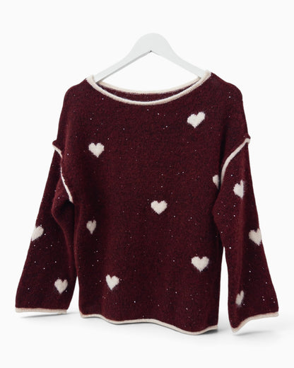 Strickpullover mit Herzen weinrot
