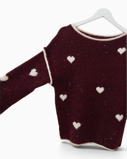 Strickpullover mit Herzen weinrot