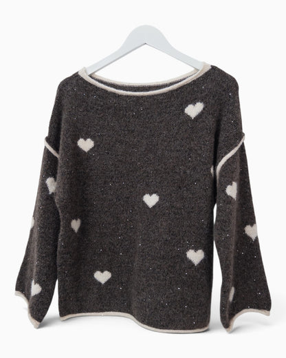 Strickpullover mit Herzen dunkelbraun
