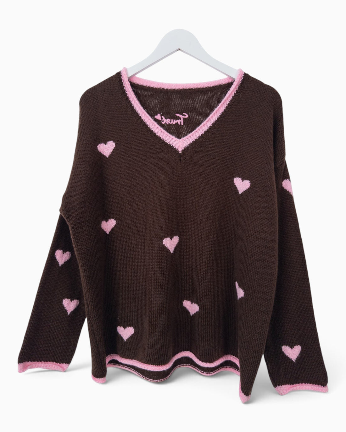 Strickpullover Herzchen dunkelbraun rosa