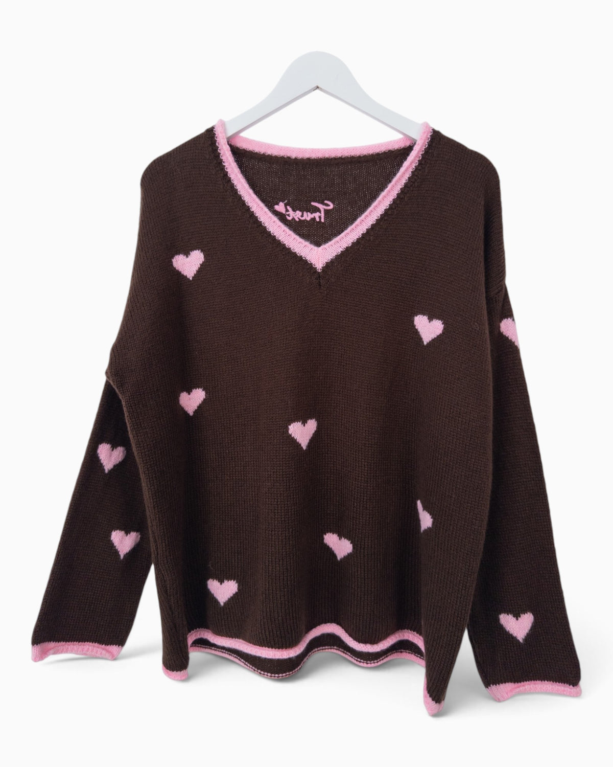 Strickpullover Herzchen dunkelbraun rosa