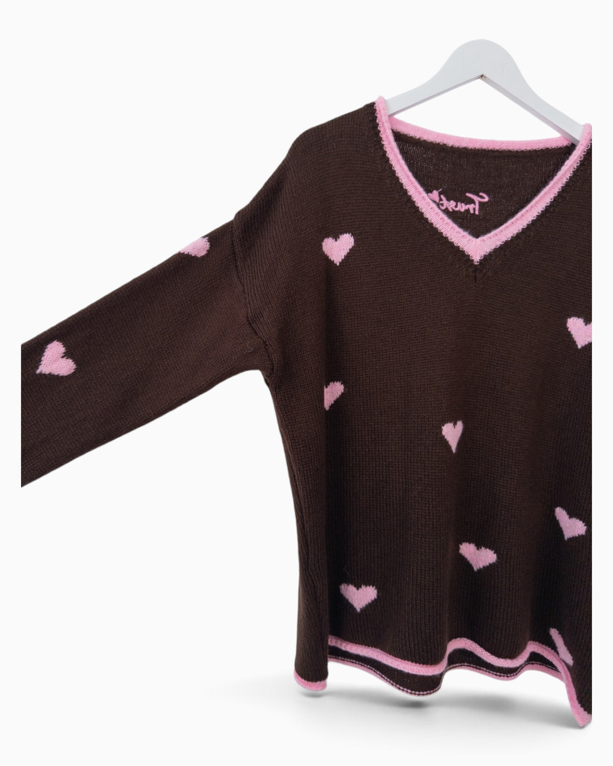 Strickpullover Herzchen dunkelbraun rosa