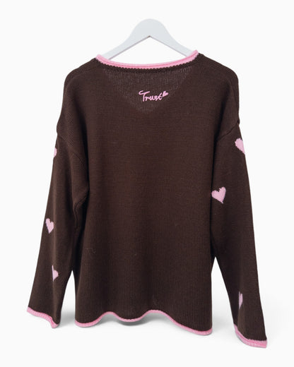Strickpullover Herzchen dunkelbraun rosa
