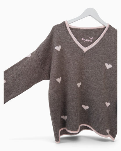 Strickpullover Herzchen taupe rosa