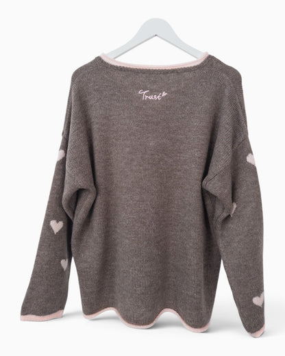 Strickpullover Herzchen taupe rosa