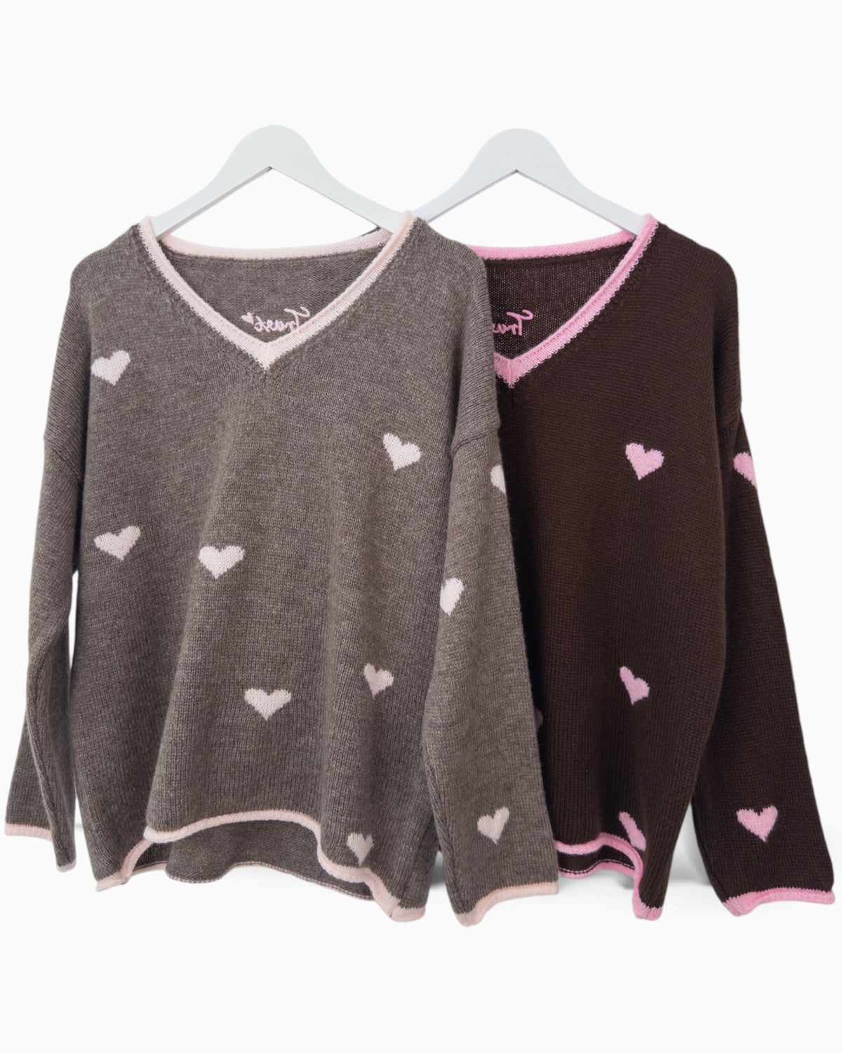 Strickpullover Herzchen dunkelbraun rosa