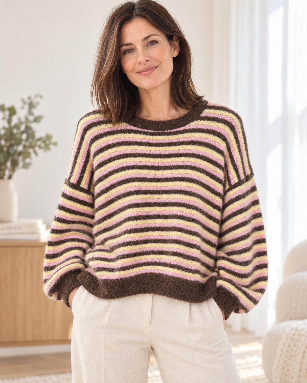 Strickpullover mit Streifen braun gelb