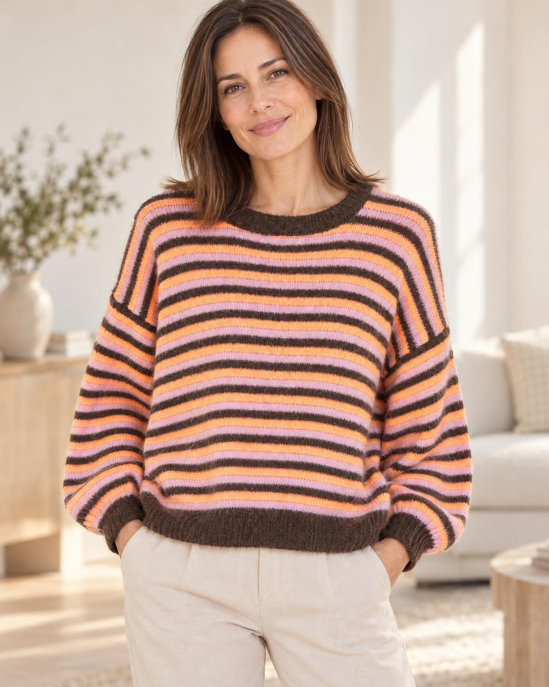 Strickpullover mit Streifen braun orange