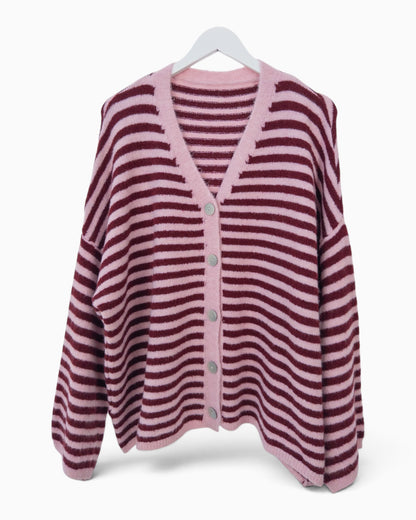 Cardigan mit Streifen rosa weinrot