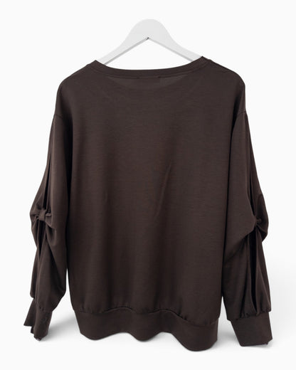 Pullover mit Spitze am Ärmel dunkelbraun