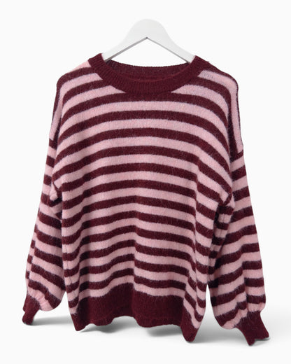Strickpullover mit Streifen weinrot rosa