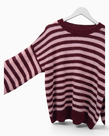 Strickpullover mit Streifen weinrot rosa