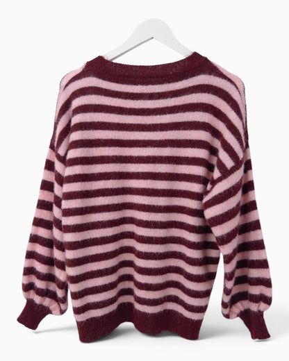 Strickpullover mit Streifen weinrot rosa