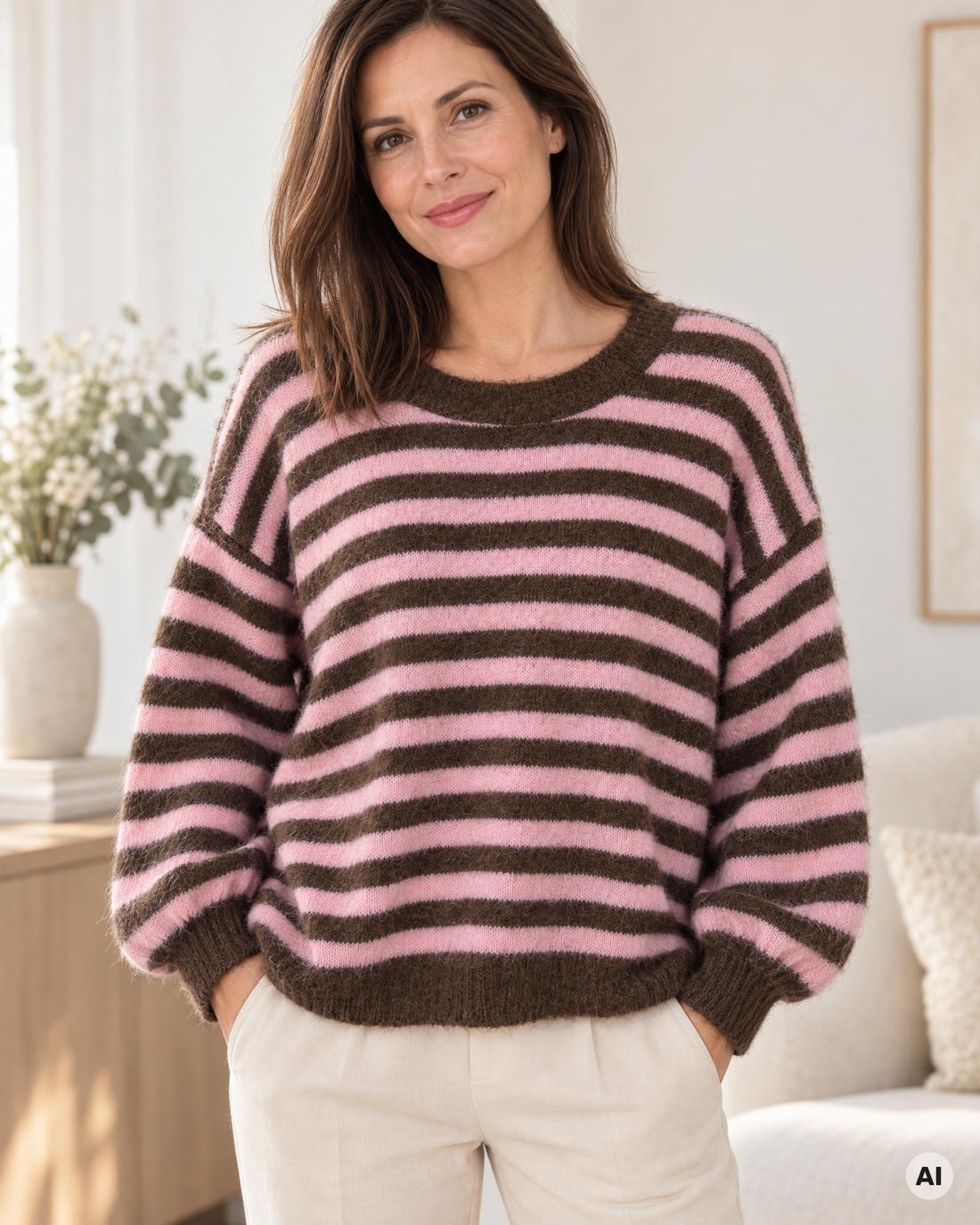 Strickpullover mit Streifen braun rosa