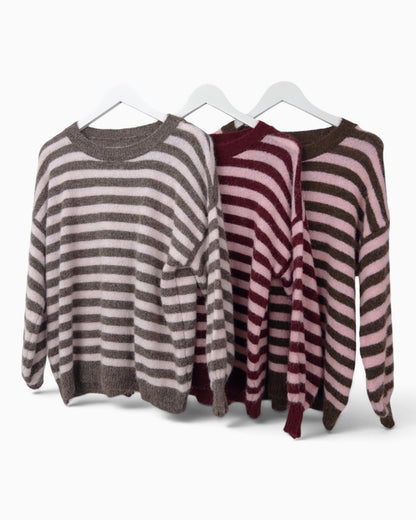 Strickpullover mit Streifen taupe rosa