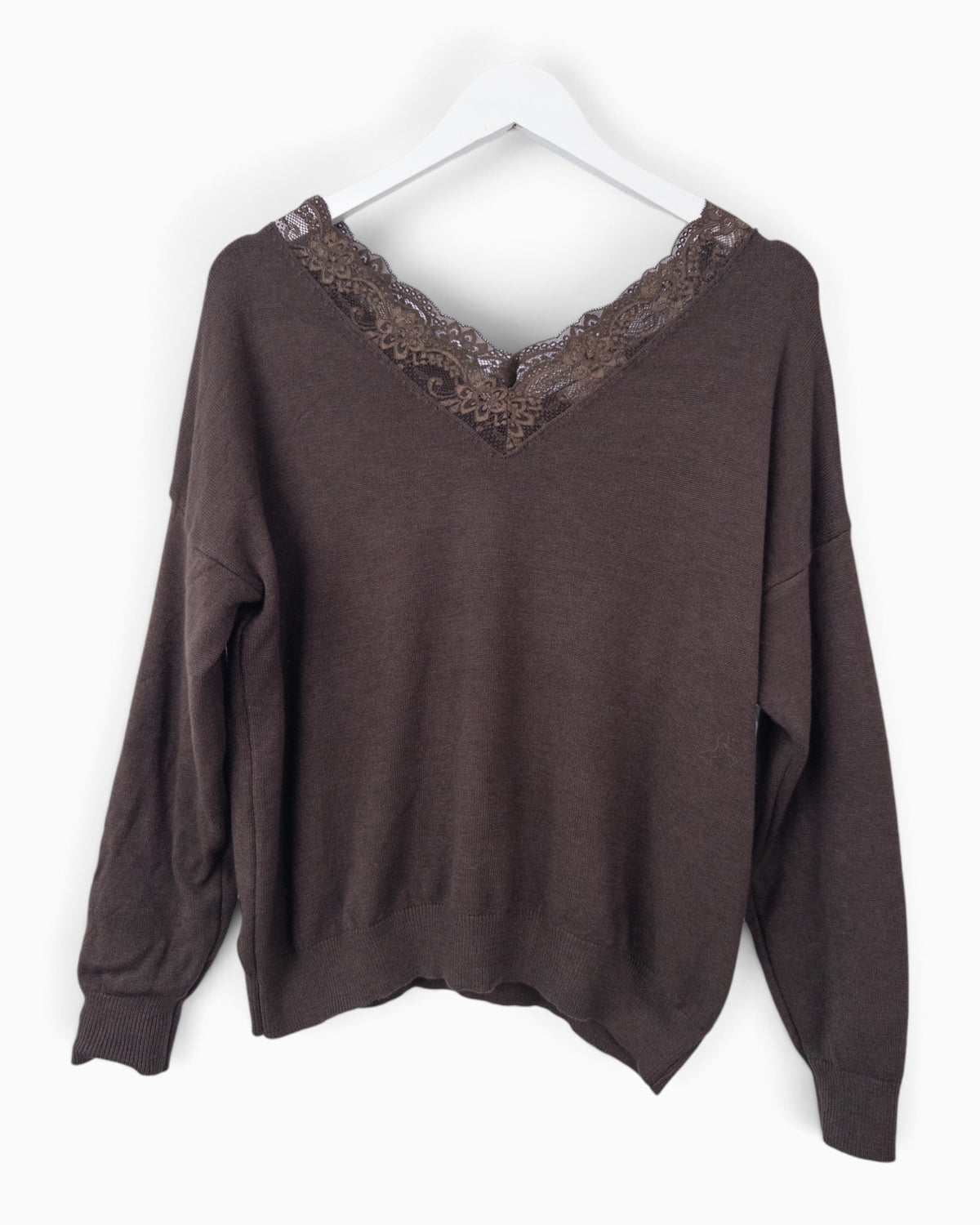 Strickpullover mit Spitze dunkelbraun