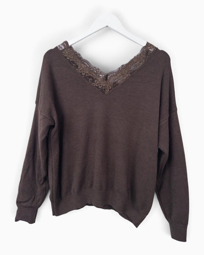 Strickpullover mit Spitze dunkelbraun