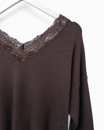 Strickpullover mit Spitze dunkelbraun