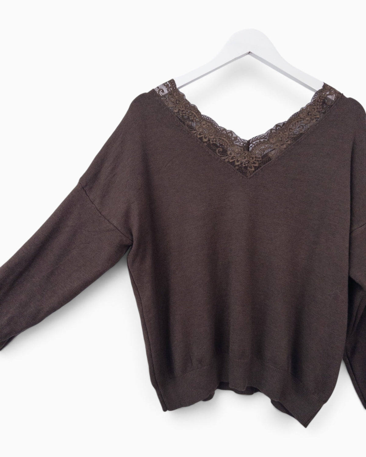 Strickpullover mit Spitze dunkelbraun