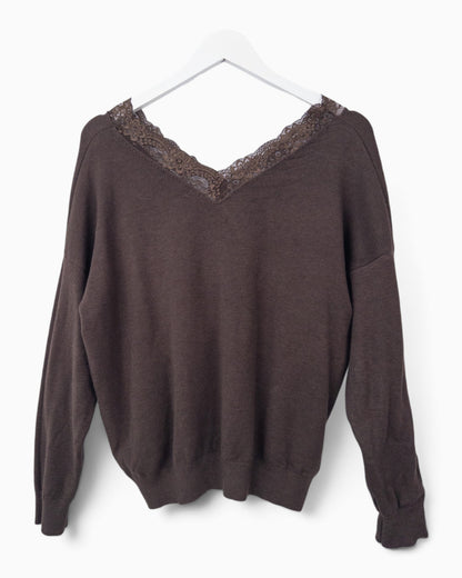 Strickpullover mit Spitze dunkelbraun