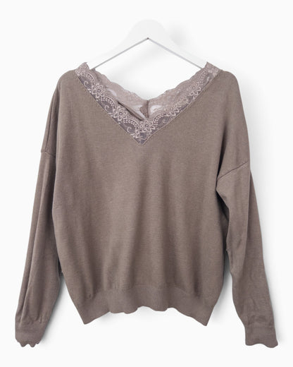 Strickpullover mit Spitze taupe